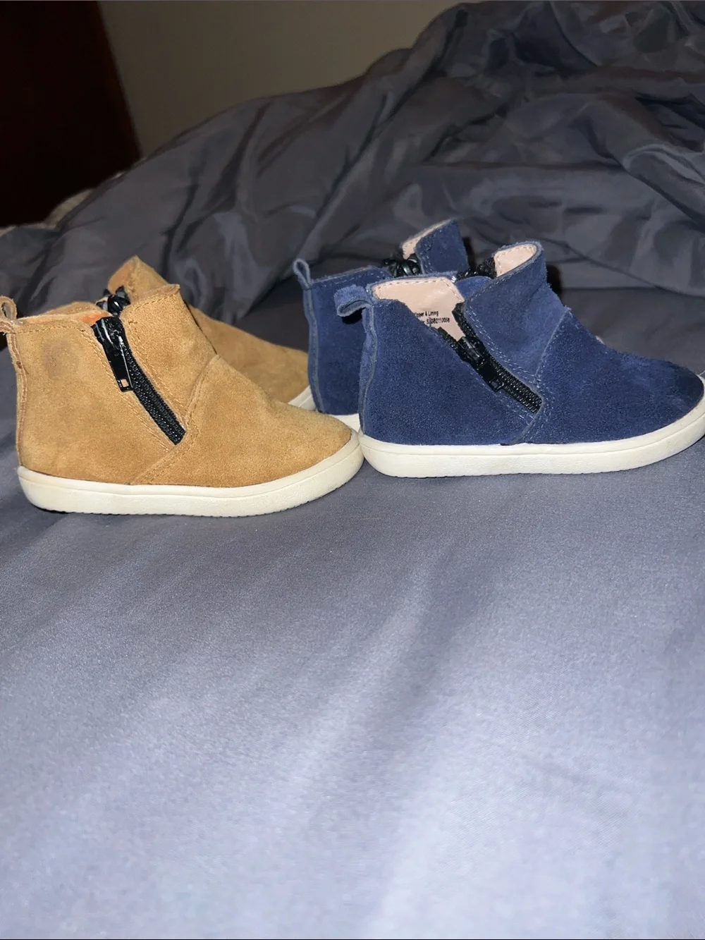 Monkey Feet Kids Suede Boots in Tan and Navy Blue